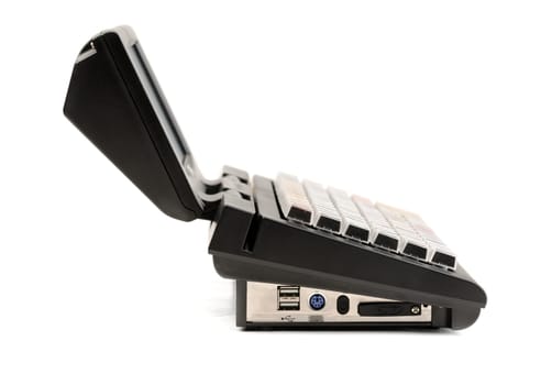 POS. Modern cash register, side view. Isolate on white.