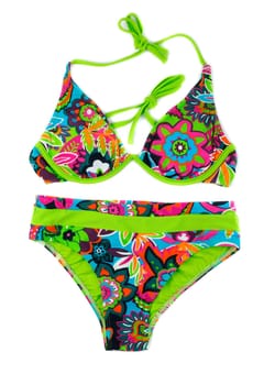 Multicolored, green separate swimsuit. Isolate on white.