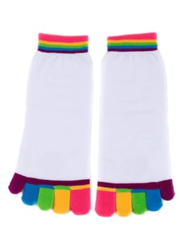 Pair of white socks with colored fingers. Isolate on white.