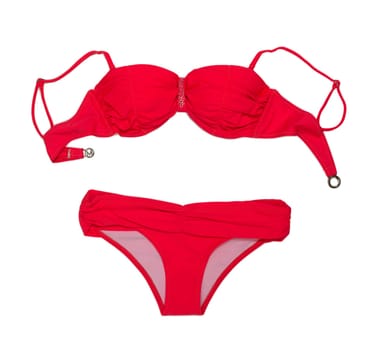 Trendy red swimsuit with rhinestones. Bra and panties. Isolate on white.