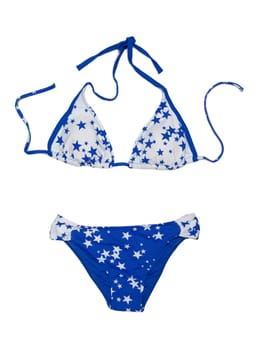 Blue with stars fashionable swimsuit. Bra and panties. Isolate on white.
