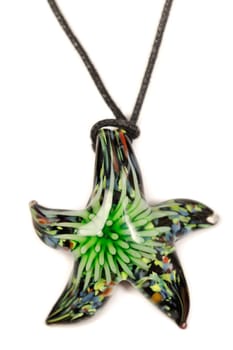 Green star pendant Murano glass closeup. Isolate on white.