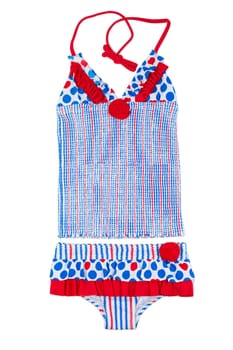 Blue striped swimsuit isolated on white background.