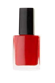 Bottle of red nail polish isolated on a white background.