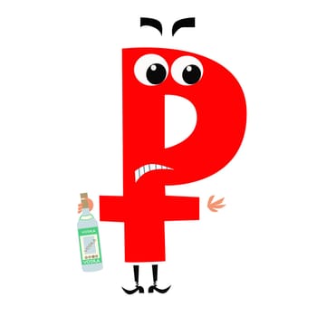 Character sign currency Russian ruble vodka in national costume. Icon Finance and business