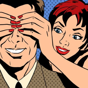 Flirt woman who is closed the man eyes comics retro style pop art. The theme of love, relationships and communication. Imitation bitmap effect