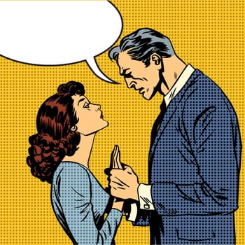 The husband and wife lovers have a serious talk love conflict pop art comics retro style Halftone. Imitation of old illustrations. Bubble for text