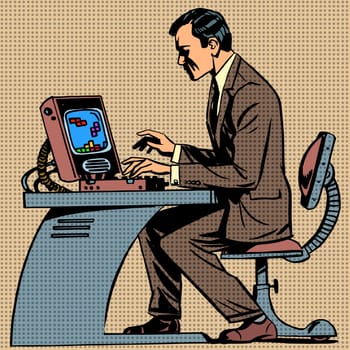 The old man plays a computer game on computer pop art comics retro style Halftone. Imitation of old illustrations. Gamer office worker