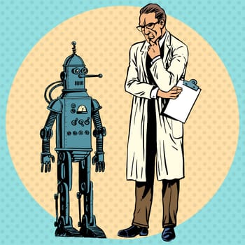 Professor scientist and a robot. The Creator and gadget new science technology pop art comics retro style Halftone. Imitation of old illustrations