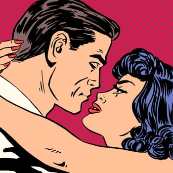 Kiss love movie romance heroes lovers man and woman pop art comics retro style Halftone. Imitation of old illustrations. Actors during love scenes.