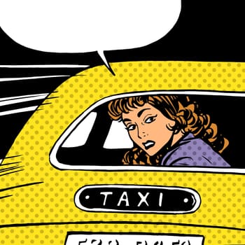 A woman goes to taxi looks around separation anxiety love maniac pop art comics retro style Halftone. Imitation of old illustrations. The girl in the back seat of the car looking through the glass
