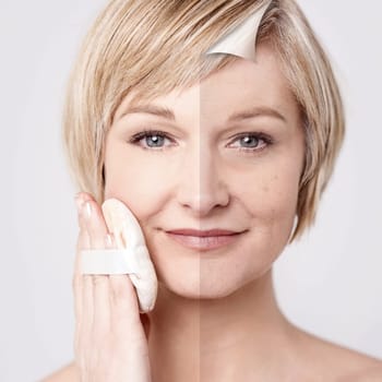 Comparison portrait of a woman with and without makeup