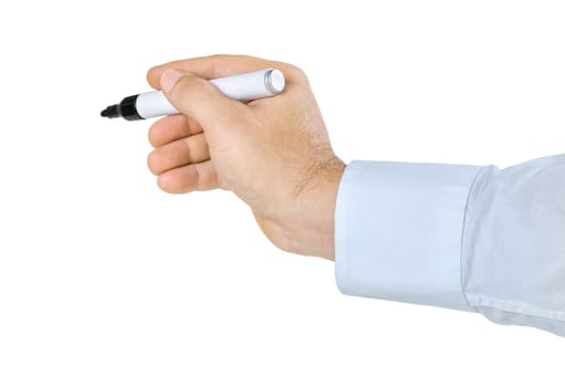 Hand with pen against a white background