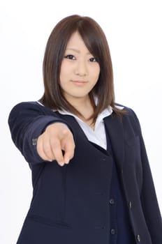 Young asian businesswoman rise hand and pointing in front