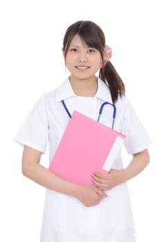 Young asian female nurse in uniform, holding a file