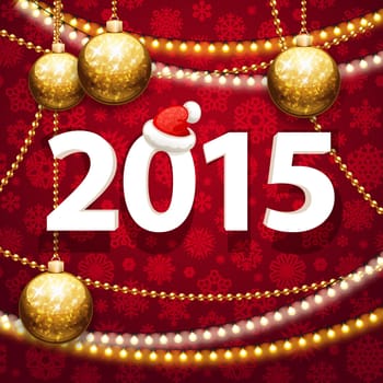 Happy New Year 2015 on Red Background with Christmas Baubles. Used pattern brushes included. Clipping paths included in additional jpg format.