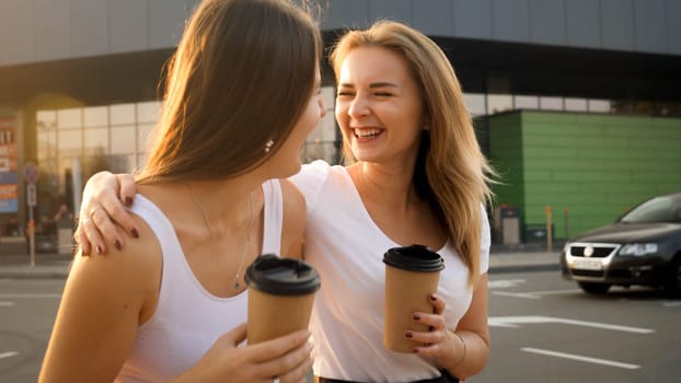 Happy smiling girls drinking coffee while walking on shopping mall car parking.