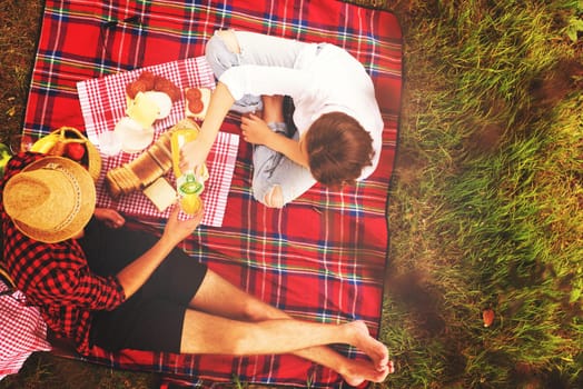 Couple in love enjoying picnic time drink and food in beautiful nature on the river bank top view