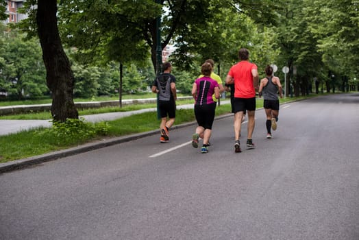 group of healthy people jogging in city park, runners team on morning training