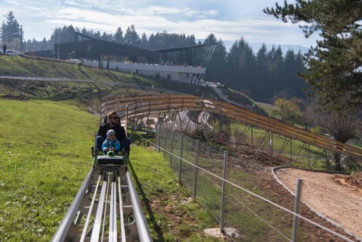 Excited father and son enjoys driving on alpine coaster