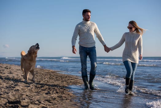Couple Running On The Beach Holding Their Hands with dog On autmun day