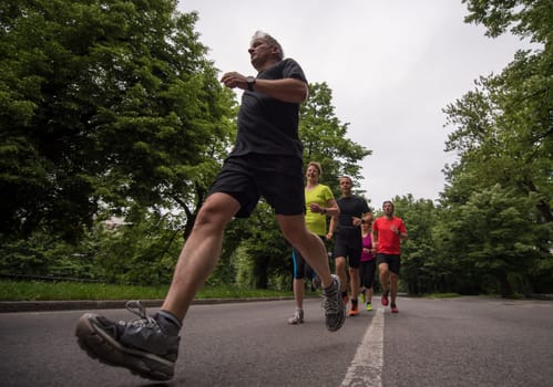 group of healthy people jogging in city park, runners team on morning training