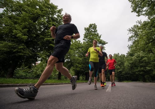 group of healthy people jogging in city park, runners team on morning training