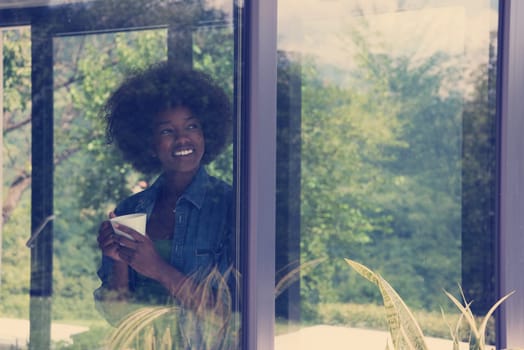 Beautiful young african american woman drinking coffee and looking through a window in her luxury home