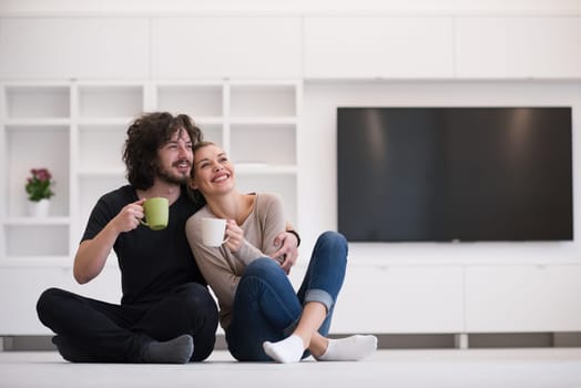 portrait of young happy beautiful couple sitting on the floor and drinking coffee in their new home