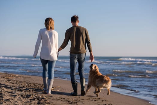 Couple Running On The Beach Holding Their Hands with dog On autmun day