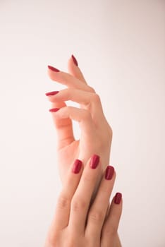 closeup of hands of a young woman with long red manicure on nails against white background