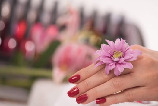 Beautiful fingers with french manicure on the towel. Manicure in a beauty salon.