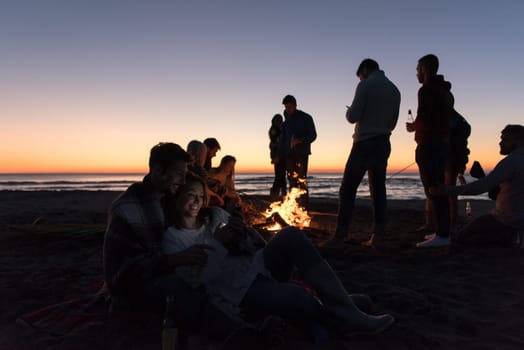 Couple using cell phone during autumn beach party with friends drinking beer and having fun