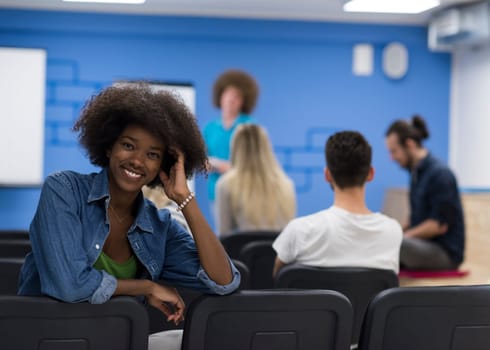 portrait of young African American business woman at modern startup office interior, team in meeting in background