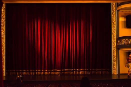 red  stage curtain background with heart symbol ligst shape