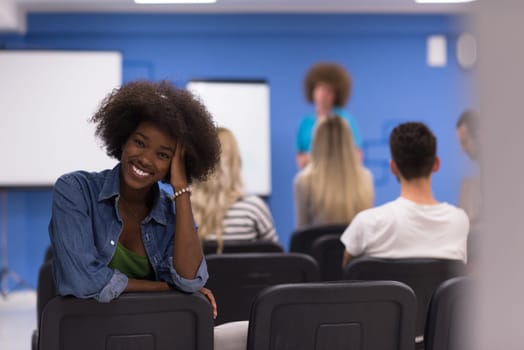 portrait of young African American business woman at modern startup office interior, team in meeting in background