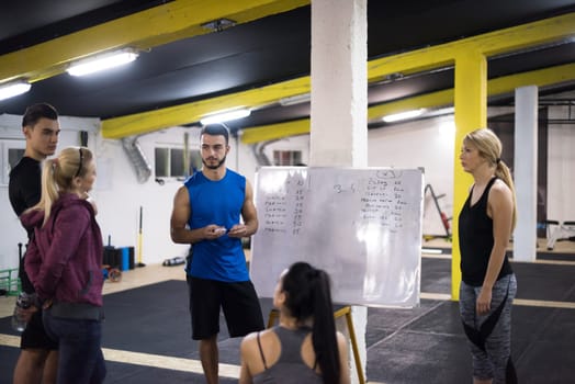 Training course.group of young athletes getting instructions from trainer before exercise at cross fitness gym