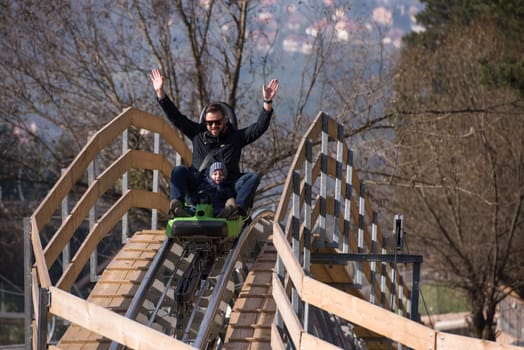 Excited father and son enjoys driving on alpine coaster