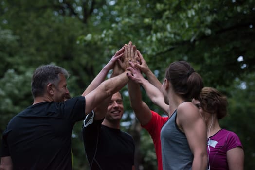 Group of healthy runners giving high five to each other while celebrating success after a training session.