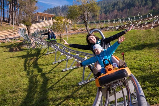 Excited young mother and son driving on alpine coaster while enjoying beautiful sunny day in the nature