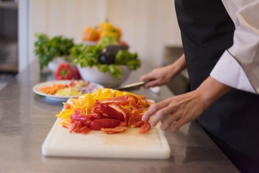 Chef cutting fresh and delicious vegetables for cooking or salad