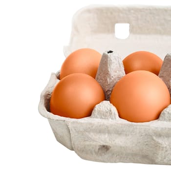 Brown eggs in a cardboard box. Isolated on a white background. Layout, layout, space for logo and text.