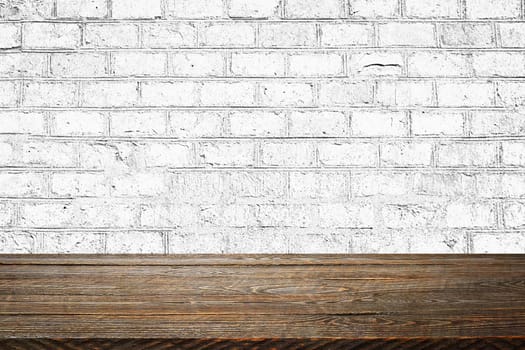 The background is blank wooden boards and a textured brick wall with lighting and vignetting. For product demonstrations, free space, layout, mockup, perspective board, background board.