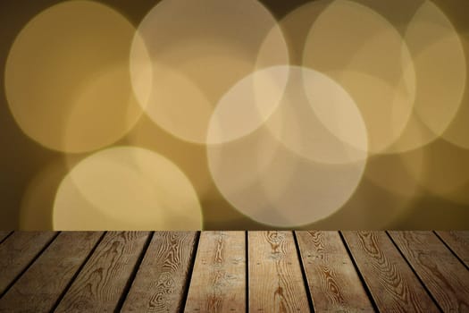The background is an empty wooden board and a wall of blurred bokeh lights. For product demonstrations, free space, layout, mockup, perspective board, background board.