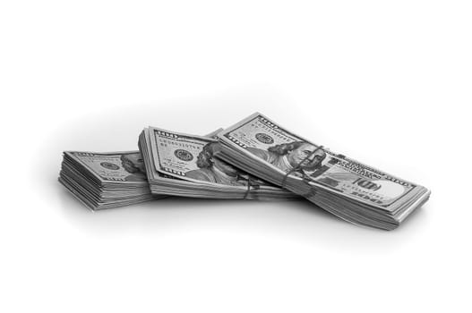 Bundles of packaged dollars on a white background. Place for logo, lettering, layout, mockup. The style is black and white.