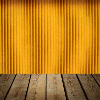 The background is blank wooden boards and a textured striped wall with gradient lighting and vignetting. For product demonstrations, free space, layout, mockup, perspective board, background board.