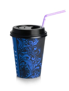 The blue paper Cup to drink with straw on a white background