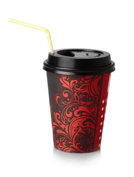 The red paper Cup to drink with straw on a white background
