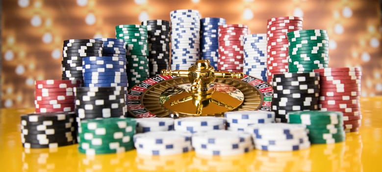 Roulette wheel running in a casino, Poker Chips