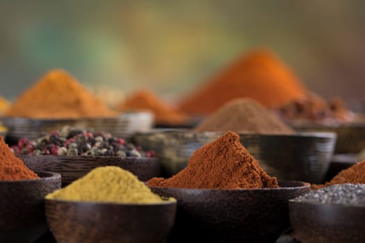 Smoke, Aromatic spices on wooden background